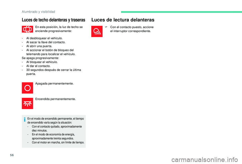 CITROEN C-ELYSÉE 2018 Manuales de Empleo (in Spanish) 56
Luces de techo delanteras y traseras
En esta posición, la luz de techo se
enciende progresivamente:
En el modo de encendido permanente, el tiempo
de encendido varía según la situación:
-
C
CITROEN C-ELYSÉE 2018 Manuales de Empleo (in Spanish) 56
Luces de techo delanteras y traseras
En esta posición, la luz de techo se
enciende progresivamente:
En el modo de encendido permanente, el tiempo
de encendido varía según la situación:
-
C