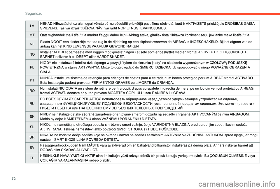 CITROEN C-ELYSÉE 2018 Manuales de Empleo (in Spanish) 72
LVNEK AD NEuzstādiet uz aizmuguri vērstu bērnu sēdeklīti priekšējā pasažiera sēdvietā, kurā ir AKTIVIZĒTS priekšējais DROŠĪBAS GAISA
SPILVENS. Tas var izraisīt BĒRNA NĀVI vai r CITROEN C-ELYSÉE 2018 Manuales de Empleo (in Spanish) 72
LVNEK AD NEuzstādiet uz aizmuguri vērstu bērnu sēdeklīti priekšējā pasažiera sēdvietā, kurā ir AKTIVIZĒTS priekšējais DROŠĪBAS GAISA
SPILVENS. Tas var izraisīt BĒRNA NĀVI vai r