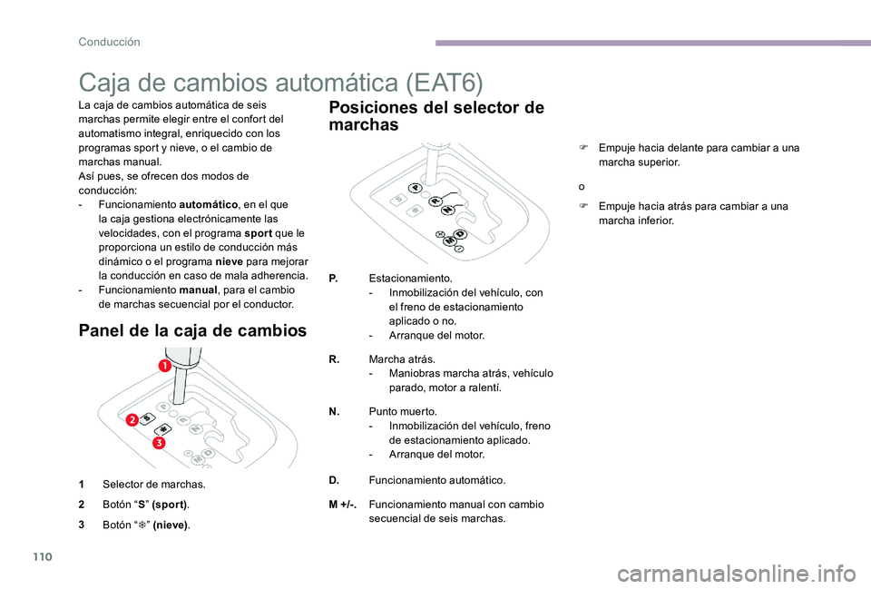 CITROEN C-ELYSÉE 2017 Manuales de Empleo (in Spanish) 110
Caja de cambios automática (EAT6)
La caja de cambios automática de seis
marchas permite elegir entre el confort del
automatismo integral, enriquecido con los
programas sport y nieve, o el cam CITROEN C-ELYSÉE 2017 Manuales de Empleo (in Spanish) 110
Caja de cambios automática (EAT6)
La caja de cambios automática de seis
marchas permite elegir entre el confort del
automatismo integral, enriquecido con los
programas sport y nieve, o el cam