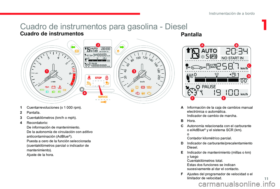 CITROEN C-ELYSÉE 2017 Manuales de Empleo (in Spanish) 11
Cuadro de instrumentos para gasolina - Diesel
Cuadro de instrumentos
1Cuentarrevoluciones (x 1 000 rpm).
2 Pantalla.
3 Cuentakilómetros (km/h o mph).
4 Recordatorio:
De información de mantenimien CITROEN C-ELYSÉE 2017 Manuales de Empleo (in Spanish) 11
Cuadro de instrumentos para gasolina - Diesel
Cuadro de instrumentos
1Cuentarrevoluciones (x 1 000 rpm).
2 Pantalla.
3 Cuentakilómetros (km/h o mph).
4 Recordatorio:
De información de mantenimien