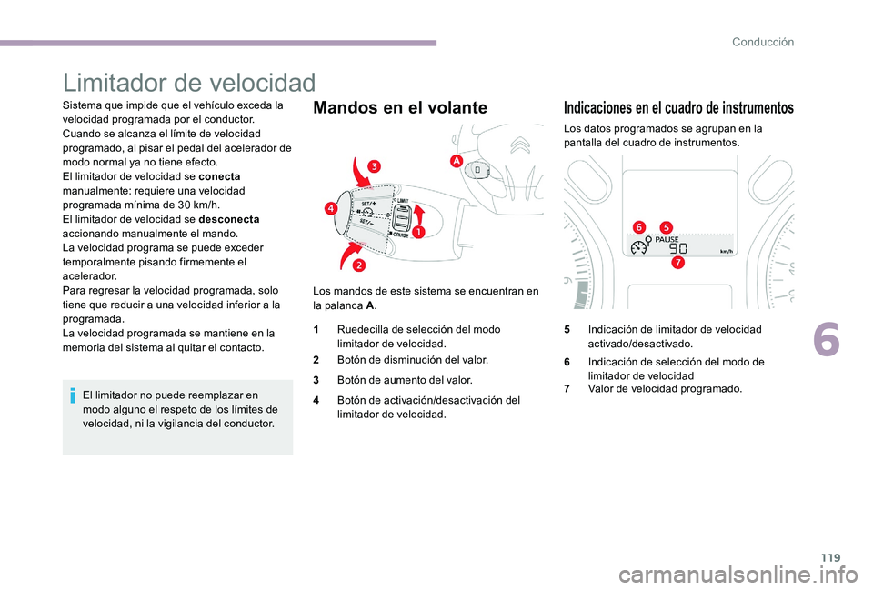 CITROEN C-ELYSÉE 2017 Manuales de Empleo (in Spanish) 119
Limitador de velocidad
Sistema que impide que el vehículo exceda la
velocidad programada por el conductor.
Cuando se alcanza el límite de velocidad
programado, al pisar el pedal del acelerador CITROEN C-ELYSÉE 2017 Manuales de Empleo (in Spanish) 119
Limitador de velocidad
Sistema que impide que el vehículo exceda la
velocidad programada por el conductor.
Cuando se alcanza el límite de velocidad
programado, al pisar el pedal del acelerador