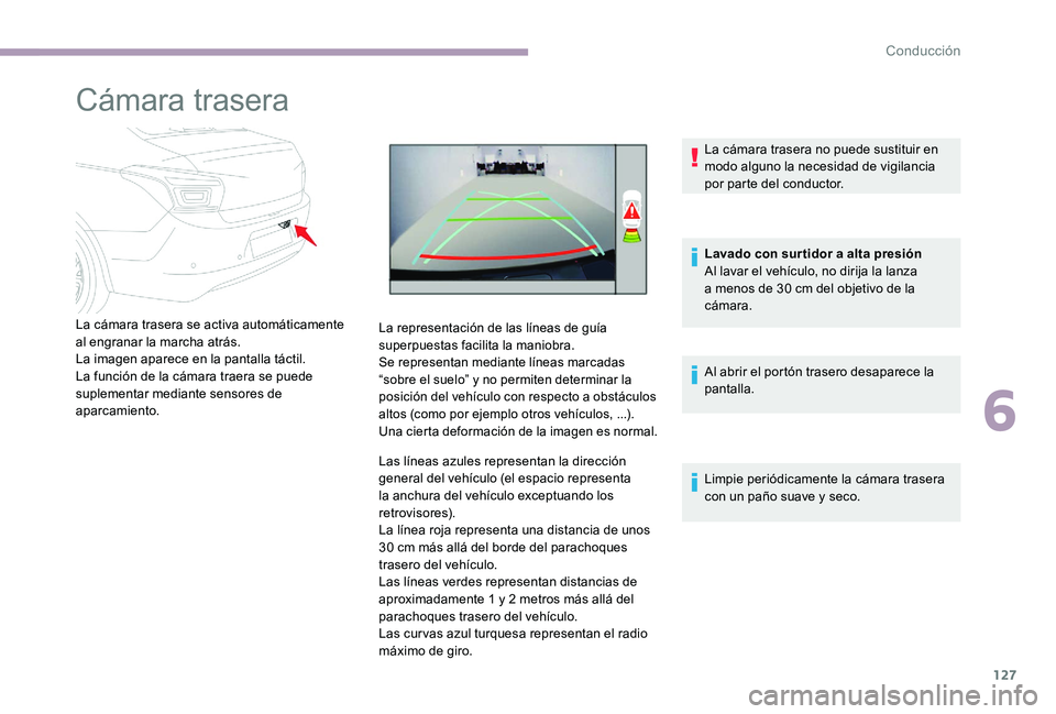 CITROEN C-ELYSÉE 2017 Manuales de Empleo (in Spanish) 127
Cámara trasera
La cámara trasera se activa automáticamente
al engranar la marcha atrás.
La imagen aparece en la pantalla táctil.
La función de la cámara traera se puede
suplementar median CITROEN C-ELYSÉE 2017 Manuales de Empleo (in Spanish) 127
Cámara trasera
La cámara trasera se activa automáticamente
al engranar la marcha atrás.
La imagen aparece en la pantalla táctil.
La función de la cámara traera se puede
suplementar median