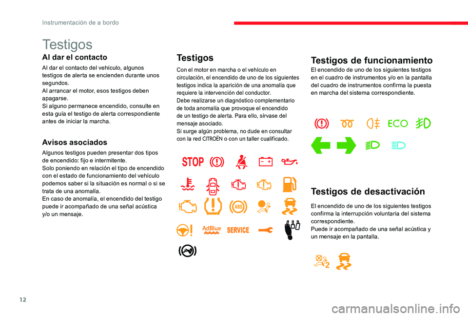 CITROEN C-ELYSÉE 2017 Manuales de Empleo (in Spanish) 12
Testigos
Al dar el contacto
Al dar el contacto del vehículo, algunos
testigos de alerta se encienden durante unos
segundos.
Al arrancar el motor, esos testigos deben
apagarse.
Si alguno permane CITROEN C-ELYSÉE 2017 Manuales de Empleo (in Spanish) 12
Testigos
Al dar el contacto
Al dar el contacto del vehículo, algunos
testigos de alerta se encienden durante unos
segundos.
Al arrancar el motor, esos testigos deben
apagarse.
Si alguno permane