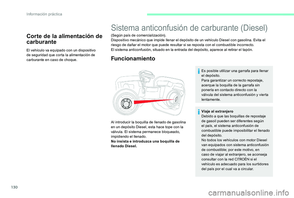 CITROEN C-ELYSÉE 2017 Manuales de Empleo (in Spanish) 130
Corte de la alimentación de
carburante
El vehículo va equipado con un dispositivo
de seguridad que corta la alimentación de
carburante en caso de choque.
Sistema anticonfusión de carburante CITROEN C-ELYSÉE 2017 Manuales de Empleo (in Spanish) 130
Corte de la alimentación de
carburante
El vehículo va equipado con un dispositivo
de seguridad que corta la alimentación de
carburante en caso de choque.
Sistema anticonfusión de carburante