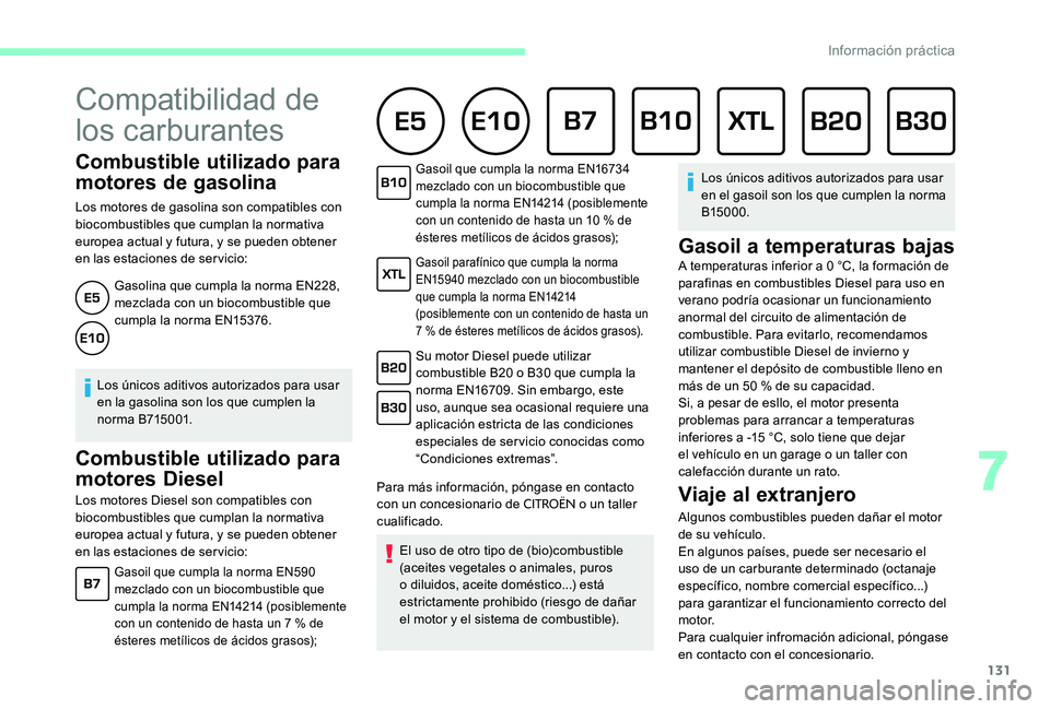 CITROEN C-ELYSÉE 2017 Manuales de Empleo (in Spanish) 131
Combustible utilizado para
motores de gasolina
Los motores de gasolina son compatibles con
biocombustibles que cumplan la normativa
europea actual y futura, y se pueden obtener
en las estacion CITROEN C-ELYSÉE 2017 Manuales de Empleo (in Spanish) 131
Combustible utilizado para
motores de gasolina
Los motores de gasolina son compatibles con
biocombustibles que cumplan la normativa
europea actual y futura, y se pueden obtener
en las estacion