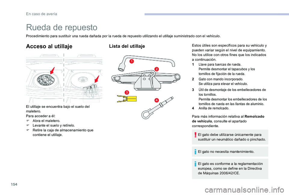CITROEN C-ELYSÉE 2017 Manuales de Empleo (in Spanish) 154
Rueda de repuesto
Procedimiento para sustituir una rueda dañada por la rueda de repuesto utilizando el utillaje suministrado con el vehículo.
Acceso al utillaje
El utillaje se encuentra bajo el CITROEN C-ELYSÉE 2017 Manuales de Empleo (in Spanish) 154
Rueda de repuesto
Procedimiento para sustituir una rueda dañada por la rueda de repuesto utilizando el utillaje suministrado con el vehículo.
Acceso al utillaje
El utillaje se encuentra bajo el