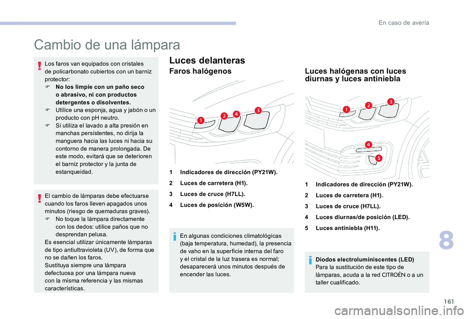 CITROEN C-ELYSÉE 2017 Manuales de Empleo (in Spanish) 161
Cambio de una lámpara
Los faros van equipados con cristales
de policarbonato cubiertos con un barniz
protector:
F
N
o los limpie con un paño seco
o abrasivo, ni con productos
detergentes o CITROEN C-ELYSÉE 2017 Manuales de Empleo (in Spanish) 161
Cambio de una lámpara
Los faros van equipados con cristales
de policarbonato cubiertos con un barniz
protector:
F
N
o los limpie con un paño seco
o abrasivo, ni con productos
detergentes o