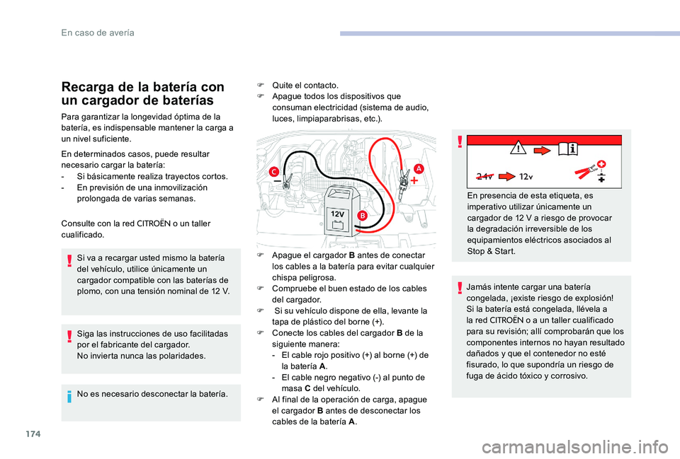 CITROEN C-ELYSÉE 2017 Manuales de Empleo (in Spanish) 174
Recarga de la batería con
un cargador de baterías
Para garantizar la longevidad óptima de la
batería, es indispensable mantener la carga a
un nivel suficiente.
En determinados casos, puede CITROEN C-ELYSÉE 2017 Manuales de Empleo (in Spanish) 174
Recarga de la batería con
un cargador de baterías
Para garantizar la longevidad óptima de la
batería, es indispensable mantener la carga a
un nivel suficiente.
En determinados casos, puede