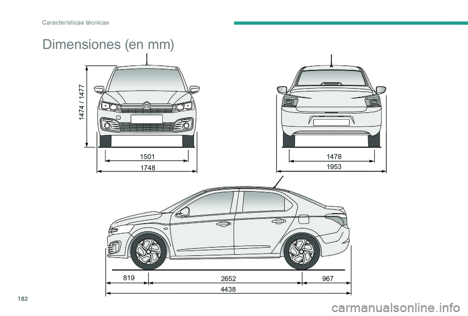 CITROEN C-ELYSÉE 2017 Manuales de Empleo (in Spanish) 182
Dimensiones (en mm)
Características técnicas CITROEN C-ELYSÉE 2017 Manuales de Empleo (in Spanish) 182
Dimensiones (en mm)
Características técnicas