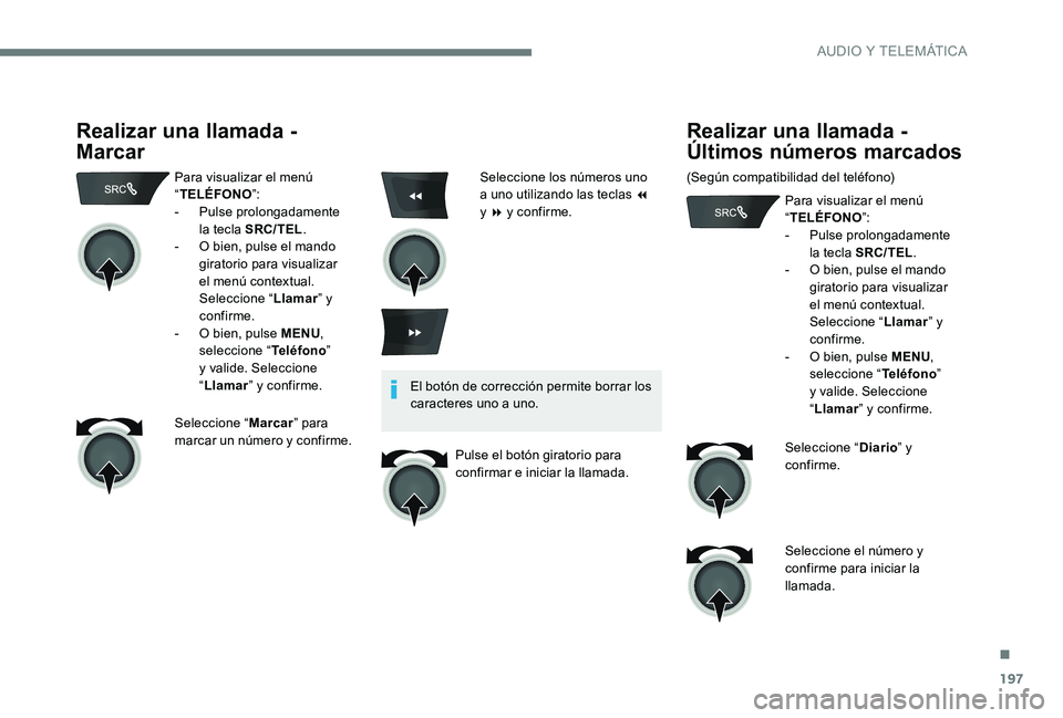 CITROEN C-ELYSÉE 2017 Manuales de Empleo (in Spanish) 197
Realizar una llamada -
Marcar
Para visualizar el menú
“TELÉFONO ”:
-
P
ulse prolongadamente
la tecla SRC/TEL .
-
O b
ien, pulse el mando
giratorio para visualizar
el menú contextu CITROEN C-ELYSÉE 2017 Manuales de Empleo (in Spanish) 197
Realizar una llamada -
Marcar
Para visualizar el menú
“TELÉFONO ”:
-
P
ulse prolongadamente
la tecla SRC/TEL .
-
O b
ien, pulse el mando
giratorio para visualizar
el menú contextu