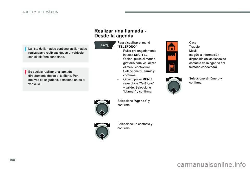 CITROEN C-ELYSÉE 2017 Manuales de Empleo (in Spanish) 198
La lista de llamadas contiene las llamadas
realizadas y recibidas desde el vehículo
con el teléfono conectado.
Es posible realizar una llamada
directamente desde el teléfono. Por
motivos de CITROEN C-ELYSÉE 2017 Manuales de Empleo (in Spanish) 198
La lista de llamadas contiene las llamadas
realizadas y recibidas desde el vehículo
con el teléfono conectado.
Es posible realizar una llamada
directamente desde el teléfono. Por
motivos de