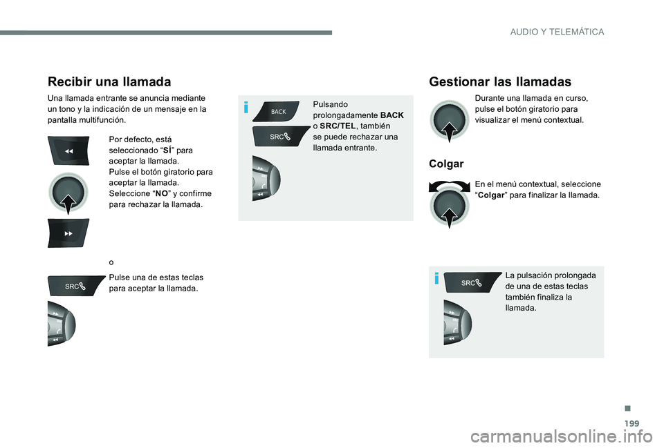 CITROEN C-ELYSÉE 2017  Manuales de Empleo (in Spanish) 199
BACK
Recibir una llamada
Una llamada entrante se anuncia mediante 
un tono y la indicación de un mensaje en la 
pantalla multifunción.
Por defecto, está 
seleccionado “SÍ” para 
aceptar la