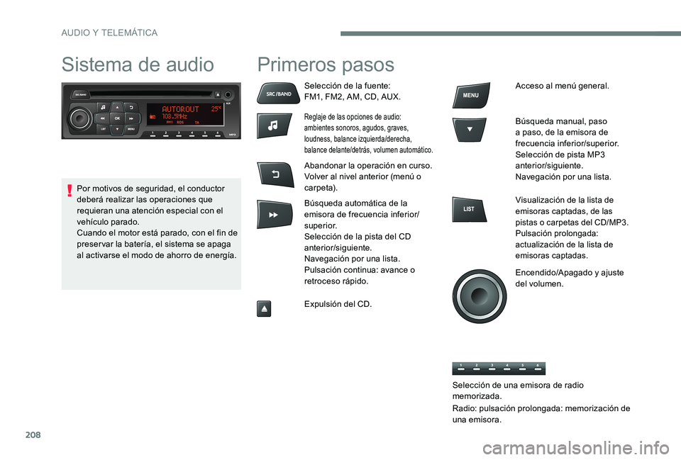 CITROEN C-ELYSÉE 2017  Manuales de Empleo (in Spanish) 208
Sistema de audioPrimeros pasos
Selección de la fuente:
FM1, FM2, AM, CD, AUX.
Reglaje de las opciones de audio:
ambientes sonoros, agudos, graves, 
loudness, balance izquierda/derecha, 
balance d