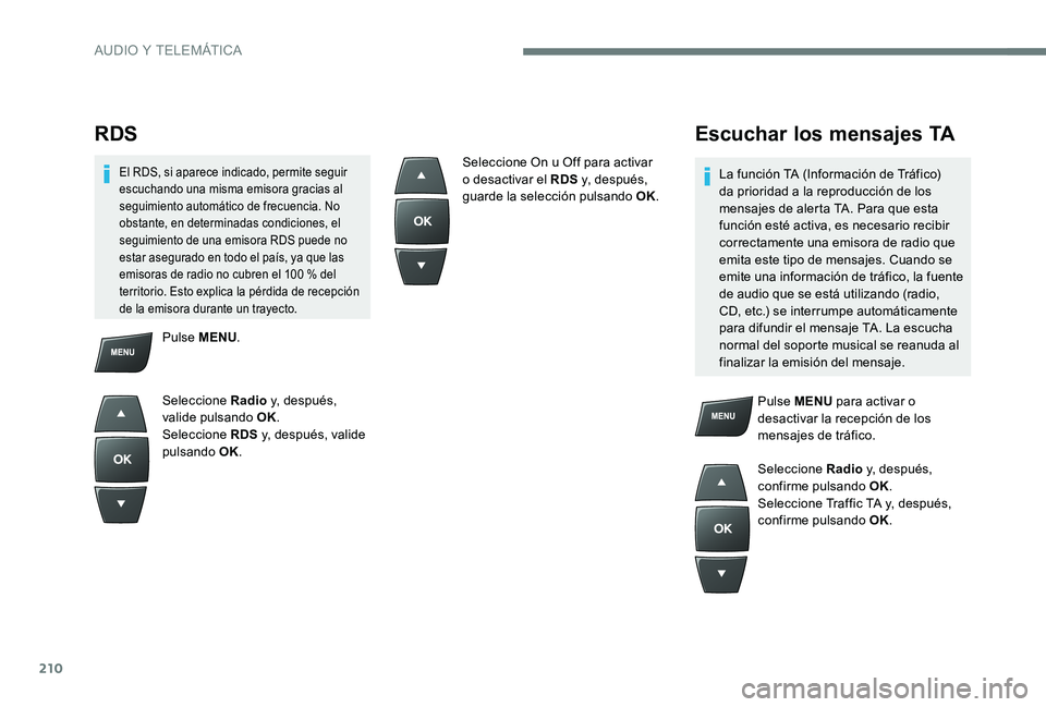CITROEN C-ELYSÉE 2017 Manuales de Empleo (in Spanish) 210
RDS
El RDS, si aparece indicado, permite seguir
escuchando una misma emisora gracias al
seguimiento automático de frecuencia. No
obstante, en determinadas condiciones, el
seguimiento de una e CITROEN C-ELYSÉE 2017 Manuales de Empleo (in Spanish) 210
RDS
El RDS, si aparece indicado, permite seguir
escuchando una misma emisora gracias al
seguimiento automático de frecuencia. No
obstante, en determinadas condiciones, el
seguimiento de una e