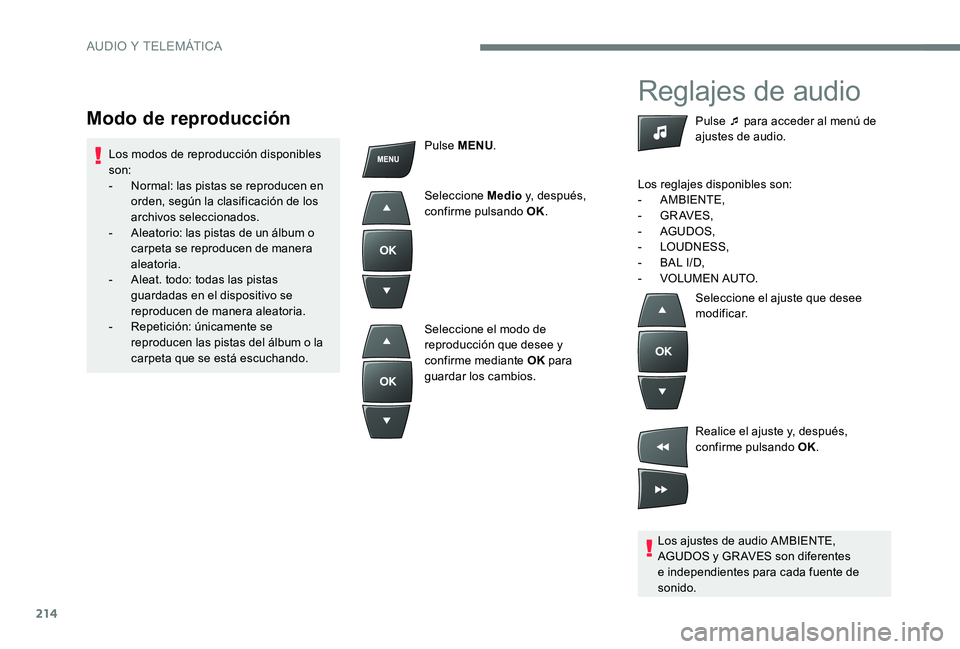 CITROEN C-ELYSÉE 2017 Manuales de Empleo (in Spanish) 214
Reglajes de audio
Los ajustes de audio AMBIENTE,
AGUDOS y GR AVES son diferentes
e independientes para cada fuente de
sonido.Pulse ¯ para acceder al menú de
ajustes de audio.
Los reglajes di CITROEN C-ELYSÉE 2017 Manuales de Empleo (in Spanish) 214
Reglajes de audio
Los ajustes de audio AMBIENTE,
AGUDOS y GR AVES son diferentes
e independientes para cada fuente de
sonido.Pulse ¯ para acceder al menú de
ajustes de audio.
Los reglajes di