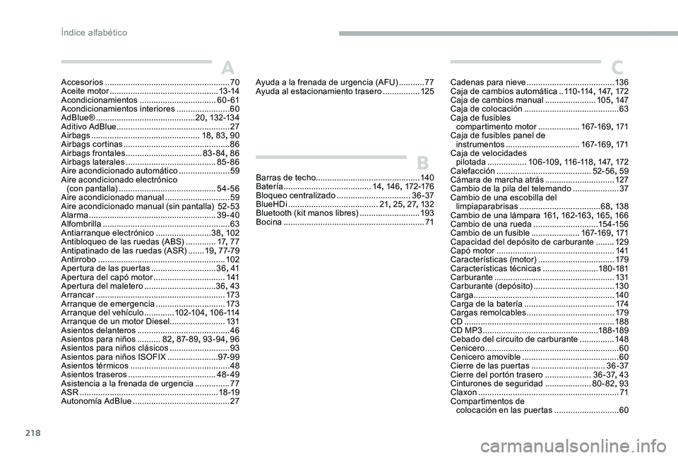 CITROEN C-ELYSÉE 2017 Manuales de Empleo (in Spanish) 218
Accesorios ...................................................... 70
Aceite motor ............................................... 13 -14
Acondicionamientos
.................................60 CITROEN C-ELYSÉE 2017 Manuales de Empleo (in Spanish) 218
Accesorios ...................................................... 70
Aceite motor ............................................... 13 -14
Acondicionamientos
.................................60