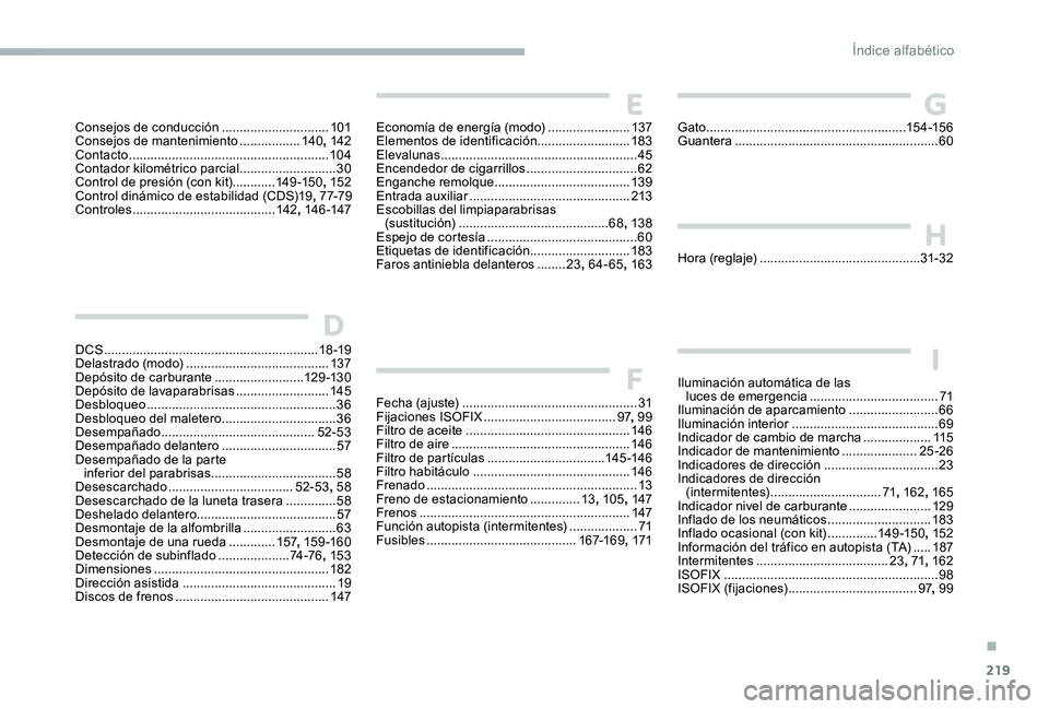 CITROEN C-ELYSÉE 2017  Manuales de Empleo (in Spanish) 219
Consejos de conducción ..............................101
Consejos de mantenimiento  .................140, 142
Contacto
 ...............................

.........................104
Contador kilo