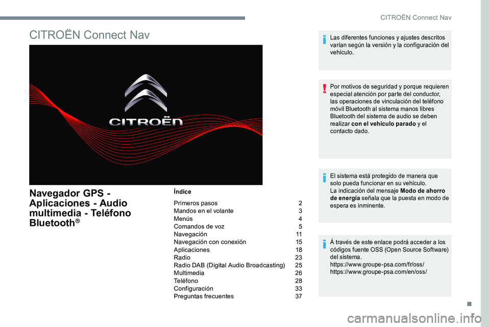 CITROEN C-ELYSÉE 2017 Manuales de Empleo (in Spanish) 1
CITROËN Connect Nav
Navegador GPS -
Aplicaciones - Audio
multimedia - Teléfono
Bluetooth
®
Índice
Primeros pasos 2
M andos en el volante 3
M
enús
4
C
omandos de voz
5
N
avegación CITROEN C-ELYSÉE 2017 Manuales de Empleo (in Spanish) 1
CITROËN Connect Nav
Navegador GPS -
Aplicaciones - Audio
multimedia - Teléfono
Bluetooth
®
Índice
Primeros pasos 2
M andos en el volante 3
M
enús
4
C
omandos de voz
5
N
avegación