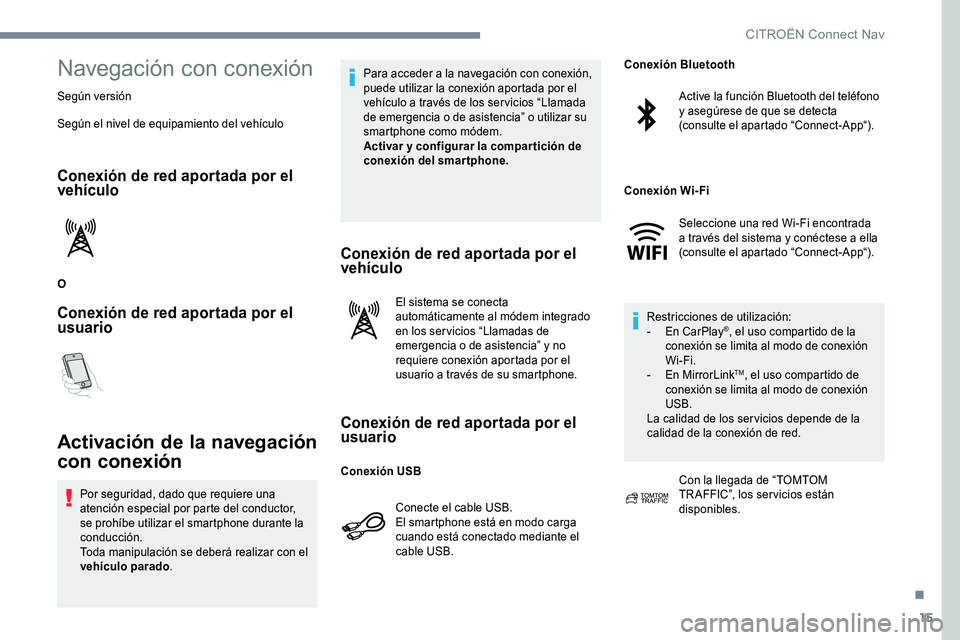 CITROEN C-ELYSÉE 2017 Manuales de Empleo (in Spanish) 15
Navegación con conexión
Según versión
Según el nivel de equipamiento del vehículo
Conexión de red aportada por el
vehículo
O
Conexión de red aportada por el
usuario
Activación de la nav CITROEN C-ELYSÉE 2017 Manuales de Empleo (in Spanish) 15
Navegación con conexión
Según versión
Según el nivel de equipamiento del vehículo
Conexión de red aportada por el
vehículo
O
Conexión de red aportada por el
usuario
Activación de la nav