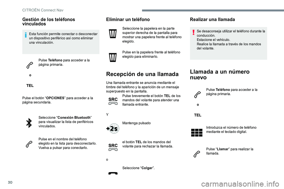 CITROEN C-ELYSÉE 2017 Manuales de Empleo (in Spanish) 30
Gestión de los teléfonos
vinculados
Esta función permite conectar o desconectar
un dispositivo periférico así como eliminar
una vinculación.
o Pulse Teléfono
para acceder a la
página CITROEN C-ELYSÉE 2017 Manuales de Empleo (in Spanish) 30
Gestión de los teléfonos
vinculados
Esta función permite conectar o desconectar
un dispositivo periférico así como eliminar
una vinculación.
o Pulse Teléfono
para acceder a la
página