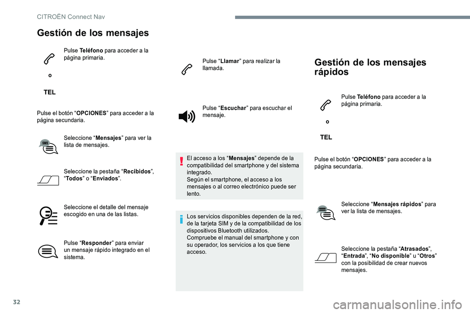 CITROEN C-ELYSÉE 2017 Manuales de Empleo (in Spanish) 32
Gestión de los mensajes
o Pulse Teléfono
para acceder a la
página primaria.
Pulse el botón “ OPCIONES” para acceder a la
página secundaria.
Seleccione “ Mensajes” para ver la
list CITROEN C-ELYSÉE 2017 Manuales de Empleo (in Spanish) 32
Gestión de los mensajes
o Pulse Teléfono
para acceder a la
página primaria.
Pulse el botón “ OPCIONES” para acceder a la
página secundaria.
Seleccione “ Mensajes” para ver la
list