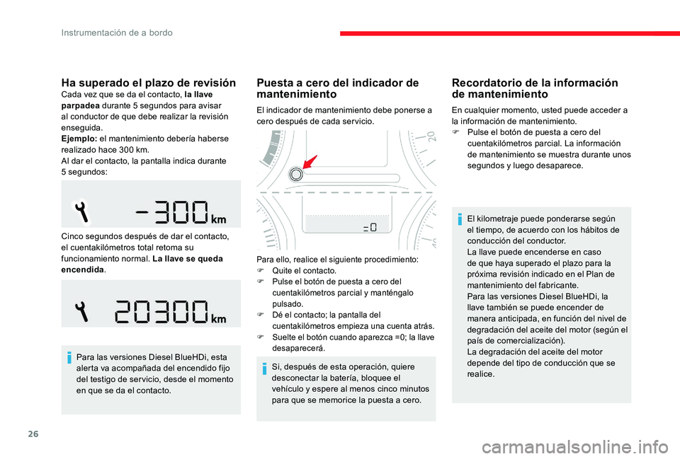 CITROEN C-ELYSÉE 2017  Manuales de Empleo (in Spanish) 26
Ha superado el plazo de revisiónCada vez que se da el contacto, la llave 
parpadea durante 5 segundos para avisar 
al conductor de que debe realizar la revisión 
enseguida.
Ejemplo:  el mantenimi