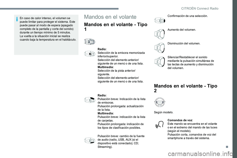 CITROEN C-ELYSÉE 2017 Manuales de Empleo (in Spanish) 3
En caso de calor intenso, el volumen se
puede limitar para proteger el sistema. Este
puede pasar al modo de espera (apagado
completo de la pantalla y corte del sonido)
durante un tiempo mínimo CITROEN C-ELYSÉE 2017 Manuales de Empleo (in Spanish) 3
En caso de calor intenso, el volumen se
puede limitar para proteger el sistema. Este
puede pasar al modo de espera (apagado
completo de la pantalla y corte del sonido)
durante un tiempo mínimo