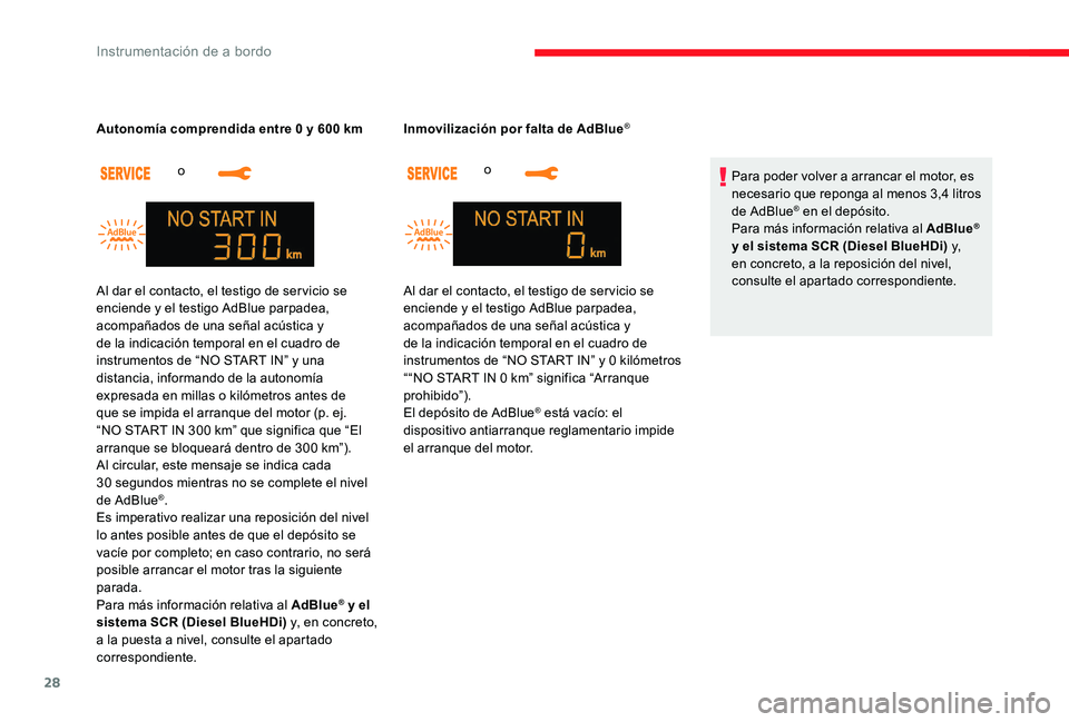 CITROEN C-ELYSÉE 2017  Manuales de Empleo (in Spanish) 28
o 
Autonomía comprendida entre 0 y 600 km
o 
Inmovilización por falta de AdBlue
®
Para poder volver a arrancar el motor, es 
necesario que reponga al menos 3,4 litros 
de AdBlue
® en el depósi