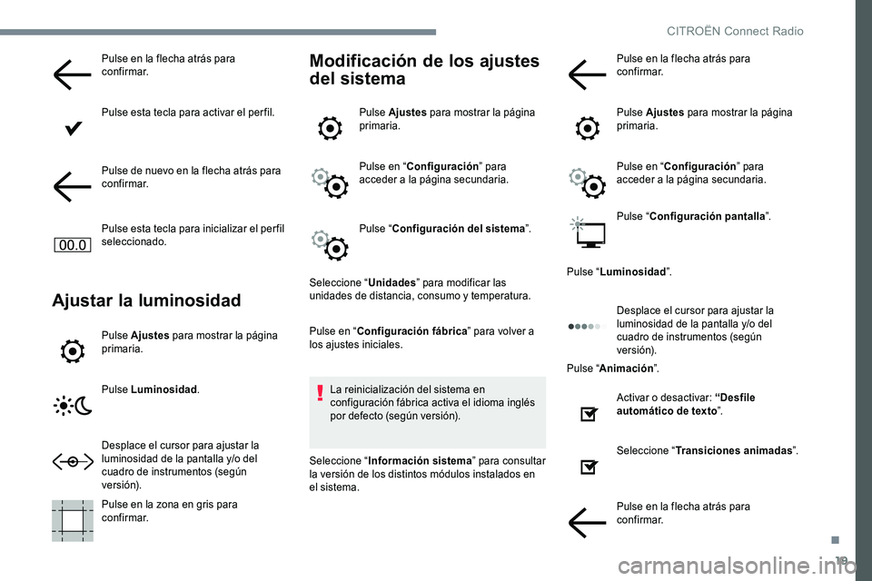 CITROEN C-ELYSÉE 2017 Manuales de Empleo (in Spanish) 19
Pulse en la flecha atrás para
confirmar.
Pulse esta tecla para activar el per fil.
Pulse de nuevo en la flecha atrás para
confirmar.
Pulse esta tecla para inicializar el per fil
seleccionado.
CITROEN C-ELYSÉE 2017 Manuales de Empleo (in Spanish) 19
Pulse en la flecha atrás para
confirmar.
Pulse esta tecla para activar el per fil.
Pulse de nuevo en la flecha atrás para
confirmar.
Pulse esta tecla para inicializar el per fil
seleccionado.