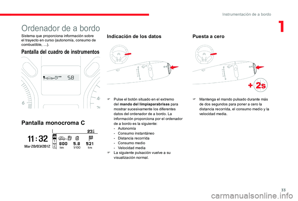 CITROEN C-ELYSÉE 2017 Manuales de Empleo (in Spanish) 33
Ordenador de a bordo
Sistema que proporciona información sobre
el trayecto en curso (autonomía, consumo de
combustible, …).
Pantalla del cuadro de instrumentos
Pantalla monocroma C
Indicació CITROEN C-ELYSÉE 2017 Manuales de Empleo (in Spanish) 33
Ordenador de a bordo
Sistema que proporciona información sobre
el trayecto en curso (autonomía, consumo de
combustible, …).
Pantalla del cuadro de instrumentos
Pantalla monocroma C
Indicació