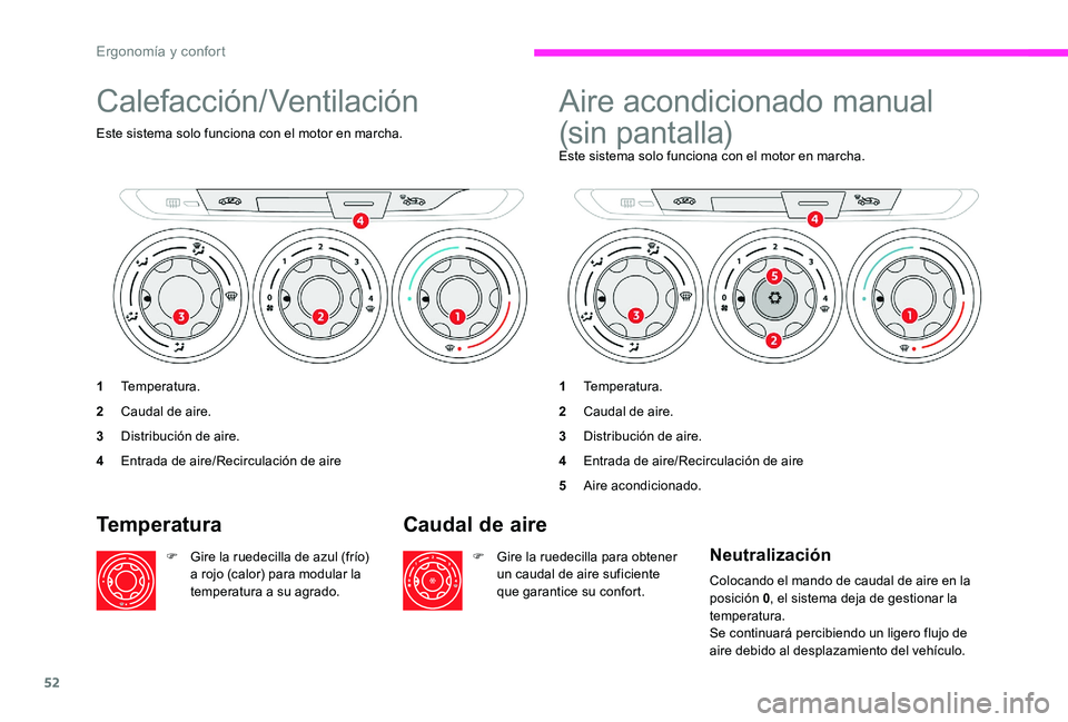CITROEN C-ELYSÉE 2017 Manuales de Empleo (in Spanish) 52
Calefacción/Ventilación
Este sistema solo funciona con el motor en marcha.
1Temperatura.
2 Caudal de aire.
3 Distribución de aire.
4 Entrada de aire/Recirculación de aire
Aire acondicionado man CITROEN C-ELYSÉE 2017 Manuales de Empleo (in Spanish) 52
Calefacción/Ventilación
Este sistema solo funciona con el motor en marcha.
1Temperatura.
2 Caudal de aire.
3 Distribución de aire.
4 Entrada de aire/Recirculación de aire
Aire acondicionado man