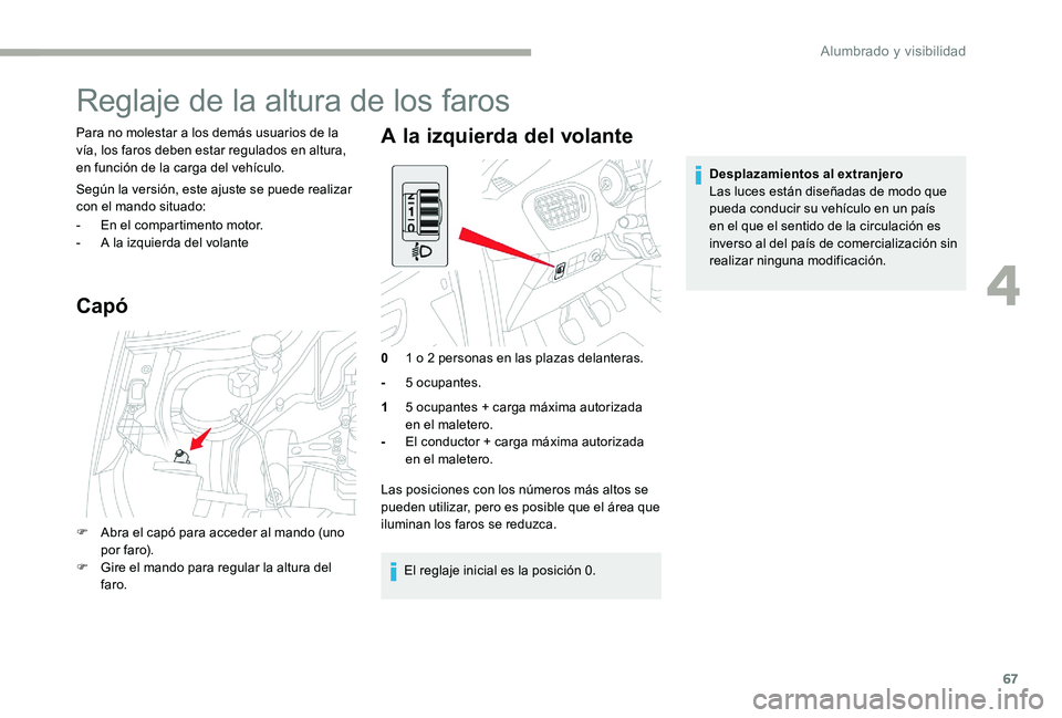 CITROEN C-ELYSÉE 2017 Manuales de Empleo (in Spanish) 67
Reglaje de la altura de los faros
Para no molestar a los demás usuarios de la
vía, los faros deben estar regulados en altura,
en función de la carga del vehículo.
Según la versión, este aju CITROEN C-ELYSÉE 2017 Manuales de Empleo (in Spanish) 67
Reglaje de la altura de los faros
Para no molestar a los demás usuarios de la
vía, los faros deben estar regulados en altura,
en función de la carga del vehículo.
Según la versión, este aju