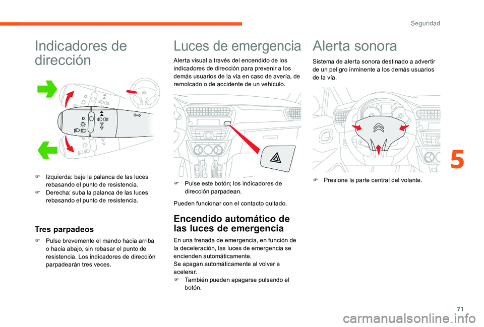 CITROEN C-ELYSÉE 2017 Manuales de Empleo (in Spanish) 71
Indicadores de
dirección
F Izquierda: baje la palanca de las luces rebasando el punto de resistencia.
F
D
erecha: suba la palanca de las luces
rebasando el punto de resistencia.
Tres parpadeo CITROEN C-ELYSÉE 2017 Manuales de Empleo (in Spanish) 71
Indicadores de
dirección
F Izquierda: baje la palanca de las luces rebasando el punto de resistencia.
F
D
erecha: suba la palanca de las luces
rebasando el punto de resistencia.
Tres parpadeo