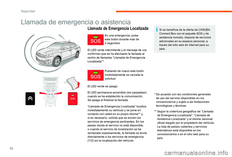 CITROEN C-ELYSÉE 2017 Manuales de Empleo (in Spanish) 72
Llamada de emergencia o asistencia
Llamada de Emergencia Localizada
* De acuerdo con las condiciones generales de uso del servicio disponibles en los
concesionarios y sujeto a las limitaciones
t CITROEN C-ELYSÉE 2017 Manuales de Empleo (in Spanish) 72
Llamada de emergencia o asistencia
Llamada de Emergencia Localizada
* De acuerdo con las condiciones generales de uso del servicio disponibles en los
concesionarios y sujeto a las limitaciones
t