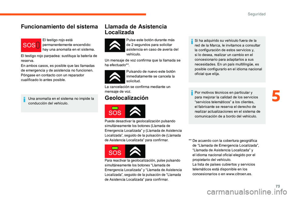 CITROEN C-ELYSÉE 2017 Manuales de Empleo (in Spanish) 73
Funcionamiento del sistemaLlamada de Asistencia
Localizada
El testigo rojo está
permanentemente encendido:
hay una anomalía en el sistema.
El testigo rojo parpadea: sustituya la batería de
r CITROEN C-ELYSÉE 2017 Manuales de Empleo (in Spanish) 73
Funcionamiento del sistemaLlamada de Asistencia
Localizada
El testigo rojo está
permanentemente encendido:
hay una anomalía en el sistema.
El testigo rojo parpadea: sustituya la batería de
r