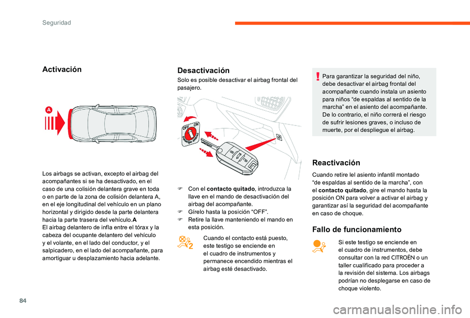 CITROEN C-ELYSÉE 2017  Manuales de Empleo (in Spanish) 84
ActivaciónDesactivación
Fallo de funcionamiento
Si este testigo se enciende en 
el cuadro de instrumentos, debe 
consultar con la red 
CITROËN o un 
taller cualificado para proceder a 
la revisi