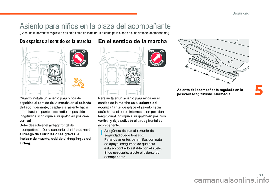 CITROEN C-ELYSÉE 2017 Manuales de Empleo (in Spanish) 89
Asiento para niños en la plaza del acompañante
(Consulte la normativa vigente en su país antes de instalar un asiento para niños en el asiento del acompañante.)
De espaldas al sentido de la ma CITROEN C-ELYSÉE 2017 Manuales de Empleo (in Spanish) 89
Asiento para niños en la plaza del acompañante
(Consulte la normativa vigente en su país antes de instalar un asiento para niños en el asiento del acompañante.)
De espaldas al sentido de la ma