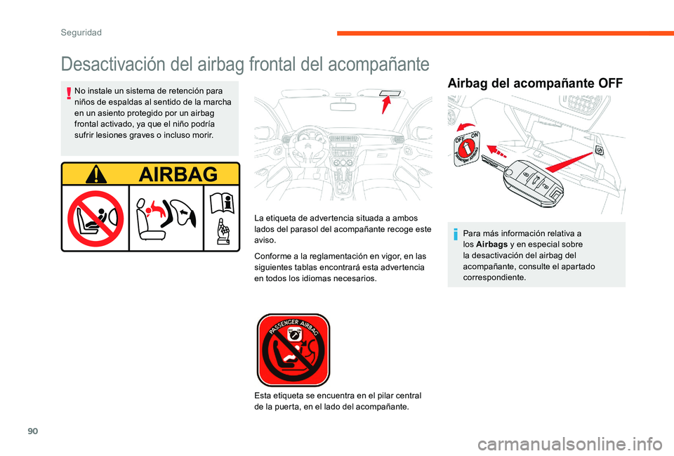 CITROEN C-ELYSÉE 2017 Manuales de Empleo (in Spanish) 90
Esta etiqueta se encuentra en el pilar central
de la puerta, en el lado del acompañante.
Desactivación del airbag frontal del acompañante
Airbag del acompañante OFFNo instale un sistema de ret CITROEN C-ELYSÉE 2017 Manuales de Empleo (in Spanish) 90
Esta etiqueta se encuentra en el pilar central
de la puerta, en el lado del acompañante.
Desactivación del airbag frontal del acompañante
Airbag del acompañante OFFNo instale un sistema de ret