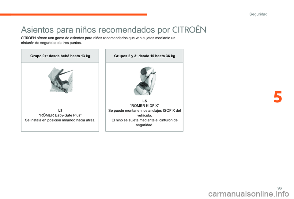 CITROEN C-ELYSÉE 2017 Manuales de Empleo (in Spanish) 93
Asientos para niños recomendados por CITROËN
CITROËN ofrece una gama de asientos para niños recomendados que van sujetos mediante un
cinturón de seguridad de tres puntos.
Grupo 0+: desde beb CITROEN C-ELYSÉE 2017 Manuales de Empleo (in Spanish) 93
Asientos para niños recomendados por CITROËN
CITROËN ofrece una gama de asientos para niños recomendados que van sujetos mediante un
cinturón de seguridad de tres puntos.
Grupo 0+: desde beb
