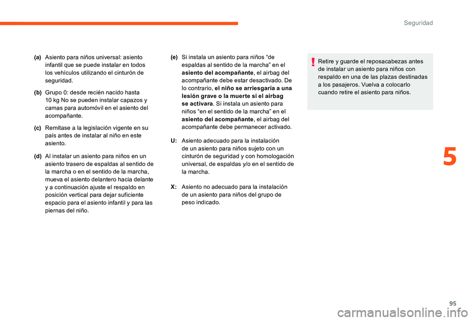 CITROEN C-ELYSÉE 2017 Manuales de Empleo (in Spanish) 95
(a)Asiento para niños universal: asiento
infantil que se puede instalar en todos
los vehículos utilizando el cinturón de
seguridad.
(b) Grupo 0: desde recién nacido hasta
10 kg No se pueden CITROEN C-ELYSÉE 2017 Manuales de Empleo (in Spanish) 95
(a)Asiento para niños universal: asiento
infantil que se puede instalar en todos
los vehículos utilizando el cinturón de
seguridad.
(b) Grupo 0: desde recién nacido hasta
10 kg No se pueden