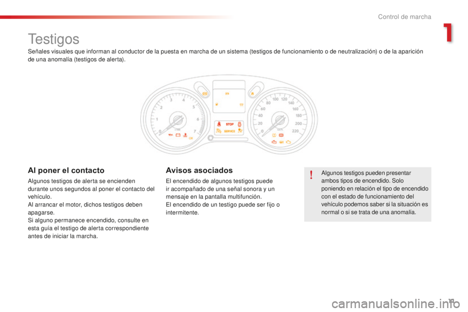 CITROEN C-ELYSÉE 2016  Manuales de Empleo (in Spanish) 11
testigos
algunos testigos pueden presentar 
ambos tipos de encendido. Solo 
poniendo en relación el tipo de encendido 
con el estado de funcionamiento del 
vehículo podemos saber si la situación