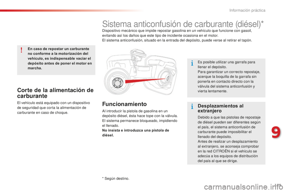 CITROEN C-ELYSÉE 2016 Manuales de Empleo (in Spanish) 119
Funcionamiento
al introducir la pistola de gasolina en un
depósito diésel, ésta hace tope con la válvula.
el
sistema permanece bloqueado, impidiendo
el llenado.
No insista e introduzca una CITROEN C-ELYSÉE 2016 Manuales de Empleo (in Spanish) 119
Funcionamiento
al introducir la pistola de gasolina en un
depósito diésel, ésta hace tope con la válvula.
el
sistema permanece bloqueado, impidiendo
el llenado.
No insista e introduzca una