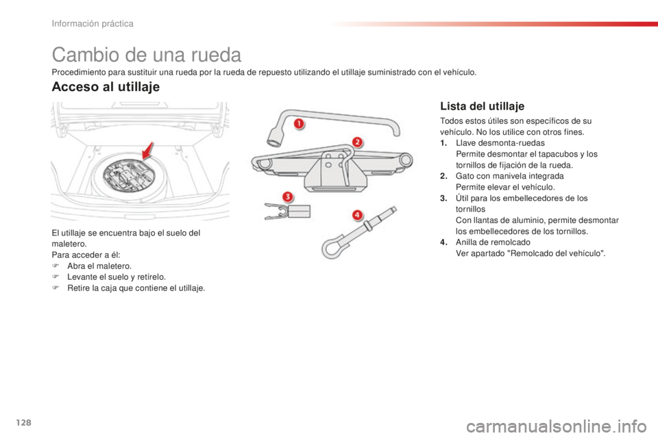 CITROEN C-ELYSÉE 2016 Manuales de Empleo (in Spanish) 128
cambio de una rueda
el utillaje se encuentra bajo el suelo del
maletero.
Para acceder a él:
F a
br
a el maletero.
F
l
e
vante el suelo y retírelo.
F
R
etire la caja que contiene el util CITROEN C-ELYSÉE 2016 Manuales de Empleo (in Spanish) 128
cambio de una rueda
el utillaje se encuentra bajo el suelo del
maletero.
Para acceder a él:
F a
br
a el maletero.
F
l
e
vante el suelo y retírelo.
F
R
etire la caja que contiene el util