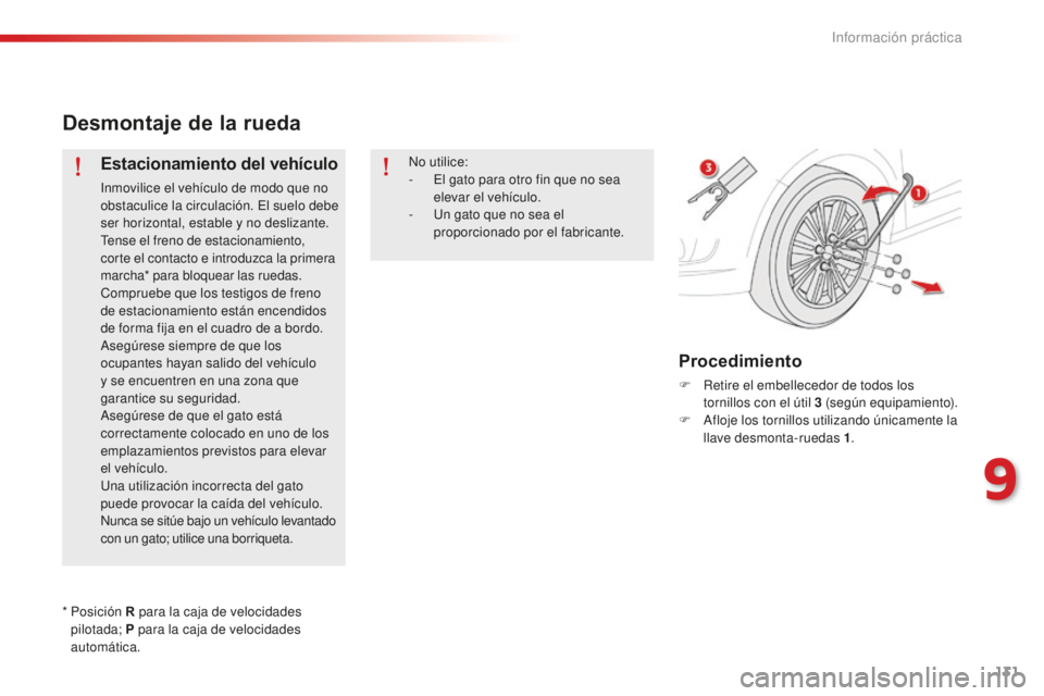 CITROEN C-ELYSÉE 2016 Manuales de Empleo (in Spanish) 131
Desmontaje de la rueda
Estacionamiento del vehículo
inmovilice el vehículo de modo que no
obstaculice la circulación. el s uelo debe
ser horizontal, estable y no deslizante.
te
nse el freno CITROEN C-ELYSÉE 2016 Manuales de Empleo (in Spanish) 131
Desmontaje de la rueda
Estacionamiento del vehículo
inmovilice el vehículo de modo que no
obstaculice la circulación. el s uelo debe
ser horizontal, estable y no deslizante.
te
nse el freno