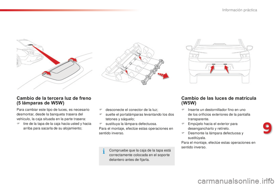 CITROEN C-ELYSÉE 2016 Manuales de Empleo (in Spanish) 141
Cambio de la tercera luz de freno
(5 lámparas de W5W) Cambio de las luces de matrícula
(W5W)
F inserte un destornillador fino en uno
de los orificios exteriores de la pantalla
transparente CITROEN C-ELYSÉE 2016 Manuales de Empleo (in Spanish) 141
Cambio de la tercera luz de freno
(5 lámparas de W5W) Cambio de las luces de matrícula
(W5W)
F inserte un destornillador fino en uno
de los orificios exteriores de la pantalla
transparente