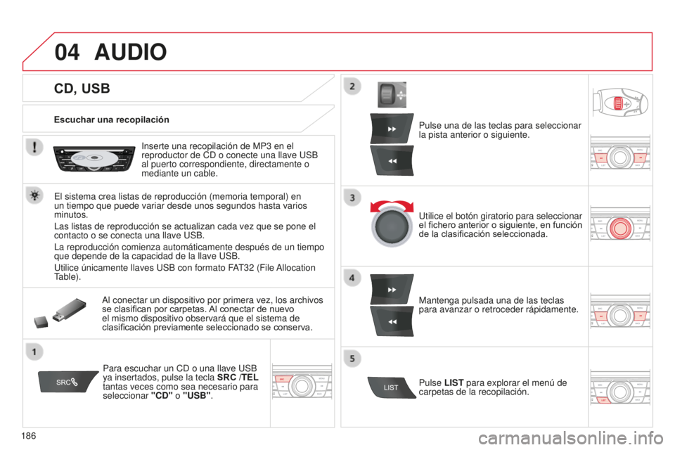 CITROEN C-ELYSÉE 2016 Manuales de Empleo (in Spanish) 04
186
CD, USB
AUDIO
Escuchar una recopilación
i
nserte una recopilación de MP3 en el
reproductor de
cd o conecte una llave u SB
al puerto correspondiente, directamente o
mediante un cable.
CITROEN C-ELYSÉE 2016 Manuales de Empleo (in Spanish) 04
186
CD, USB
AUDIO
Escuchar una recopilación
i
nserte una recopilación de MP3 en el
reproductor de
cd o conecte una llave u SB
al puerto correspondiente, directamente o
mediante un cable.