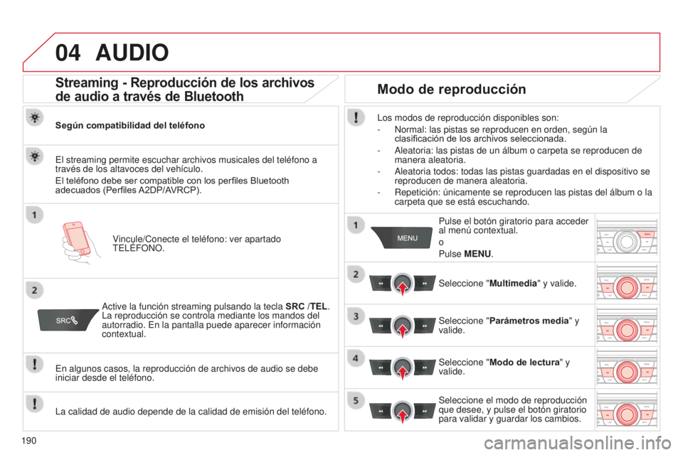 CITROEN C-ELYSÉE 2016  Manuales de Empleo (in Spanish) 04
190
AUDIO
Streaming - Reproducción de los archivos 
de audio a través de Bluetooth
Según compatibilidad del teléfonoVincule/ c onecte el teléfono: ver apartado 
tel

ÉFO n O.
e
l streaming pe
