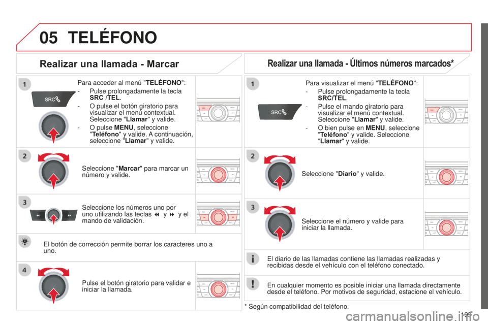 CITROEN C-ELYSÉE 2016  Manuales de Empleo (in Spanish)  
  
05
195
TELéFONO
Para acceder al menú "TEL é FONO":
-  
Pulse prolongadamente la tecla 
SRC

 /TEL.
-
 
O pulse el botón giratorio para 
visualizar el menú contextual. 
Seleccione 
