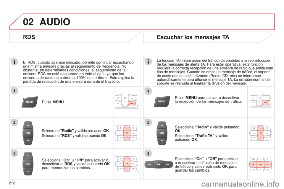 CITROEN C-ELYSÉE 2016  Manuales de Empleo (in Spanish) 02
212
e
l R d S, cuando aparece indicado, permite continuar escuchando 
una misma emisora gracias al seguimiento de frecuencia.  n o 
obstante, en determinadas condiciones, el seguimiento de la 
emis