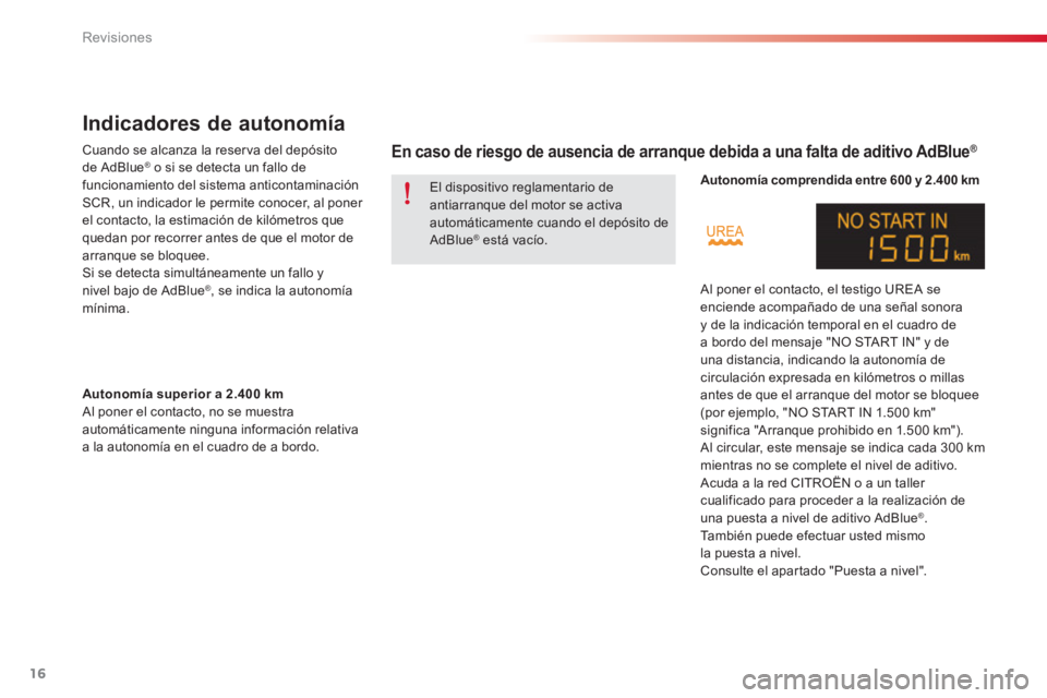 CITROEN C-ELYSÉE 2016 Manuales de Empleo (in Spanish) 16
Revisiones
Indicadores de autonomía
Cuando se alcanza la reser va del depósito
de AdBlue ® o si se detecta un fallo de
funcionamiento del sistema anticontaminación
SCR, un CITROEN C-ELYSÉE 2016 Manuales de Empleo (in Spanish) 16
Revisiones
Indicadores de autonomía
Cuando se alcanza la reser va del depósito
de AdBlue ® o si se detecta un fallo de
funcionamiento del sistema anticontaminación
SCR, un